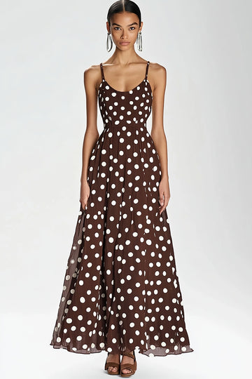 Coffee A Line Spaghetti Straps Long White Polka Dots Dress